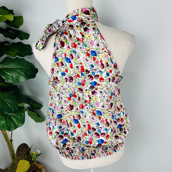 Cotton Express Floral Satin Sleeveless Smocked Waist Halter Top - Picture 5 of 5